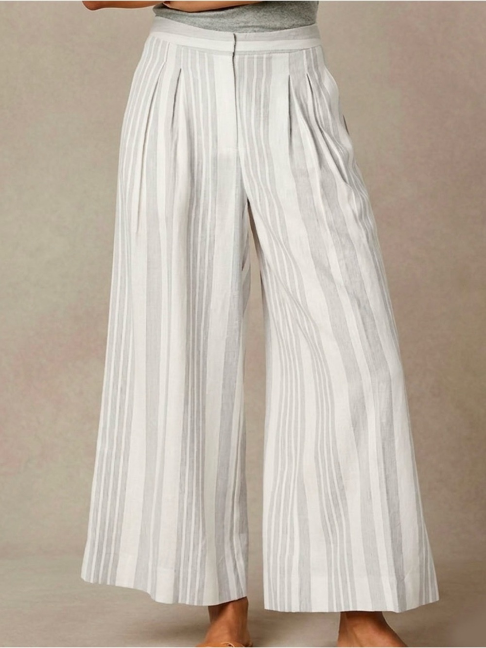 Worthington Linen Blend Cropped Pants Women’s 6 Tall Wide Leg Gray Striped